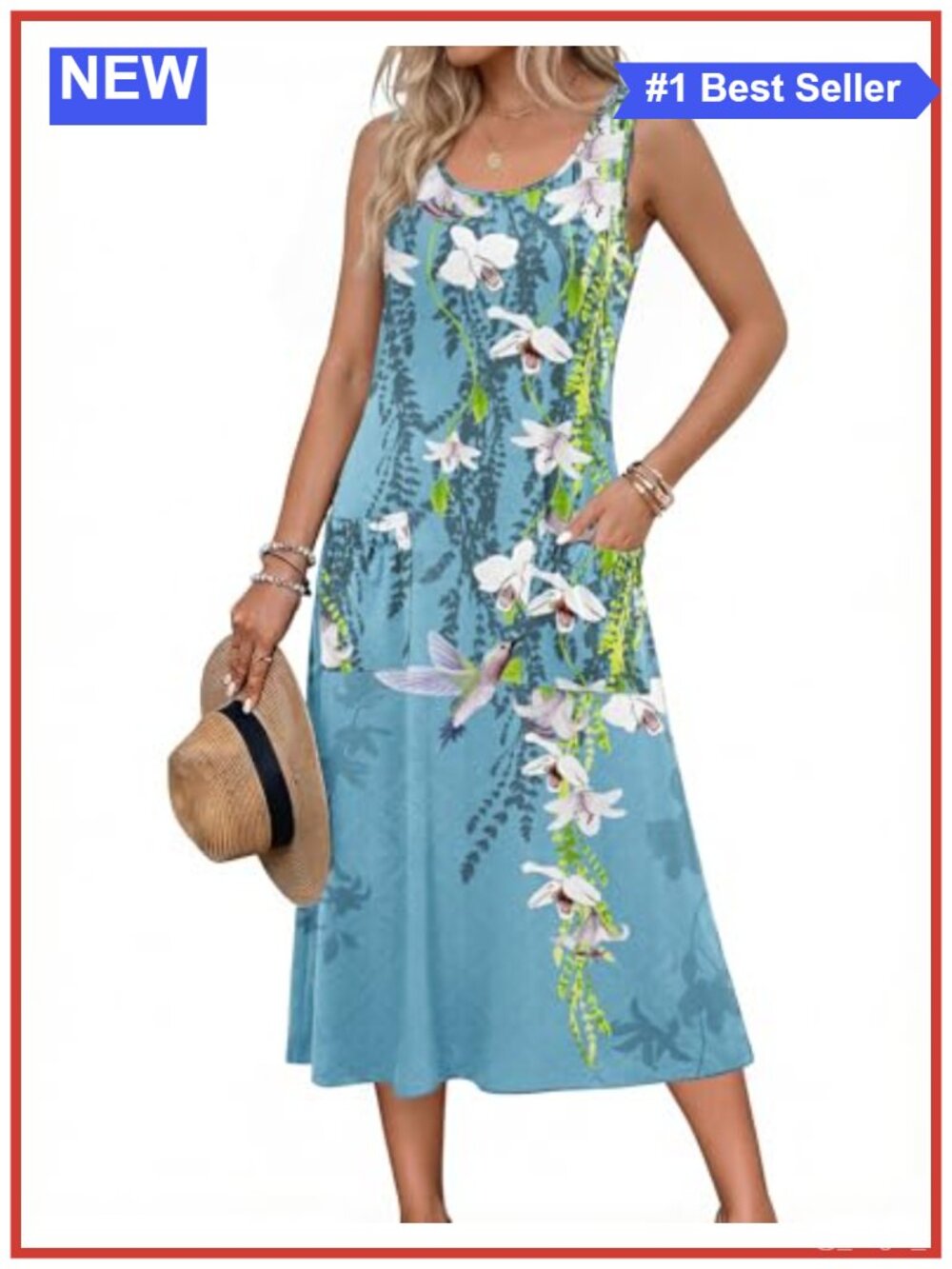 Womens Summer Midi Dress Sleeveless A-Line Sundress with Pockets Casual